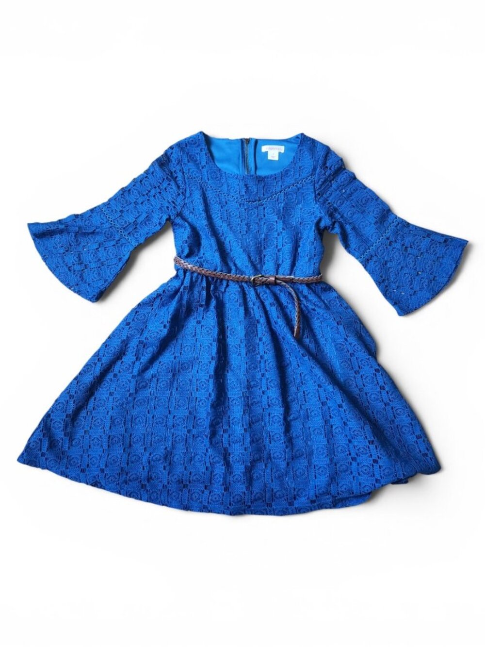 Xhilaration Girls' Dress Size S Small Bell Sleeves Blue with Braided Brown Belt